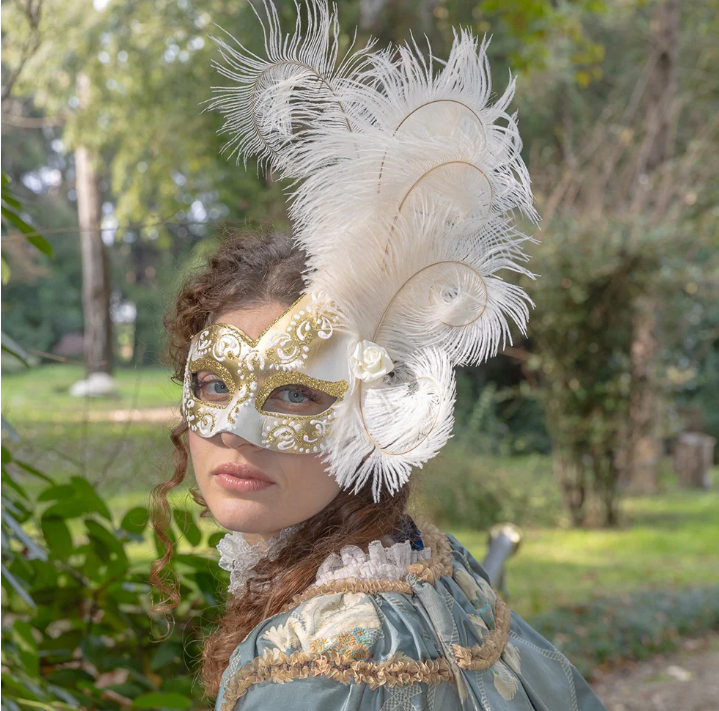 Ivory and Gold Feathered Venetian Mask 132