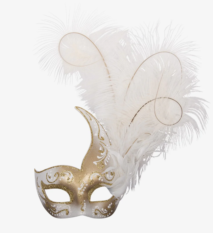 Ivory and Gold Feathered Venetian Mask 132