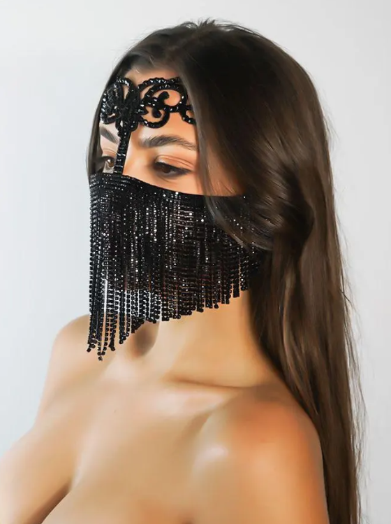 Black Crystal Fringe Face Mask 154