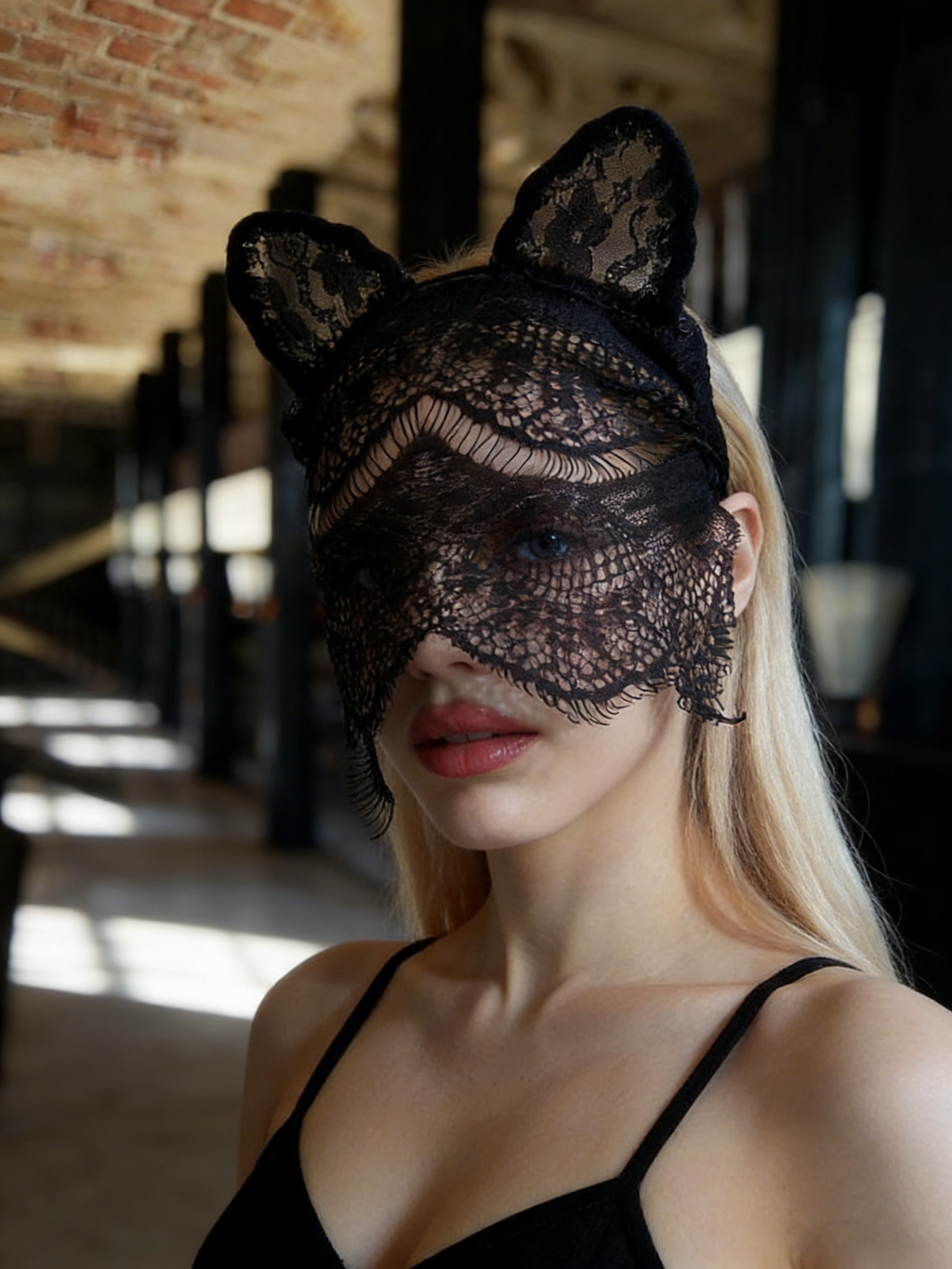 Black Lace Cat-Ear Veil Mask