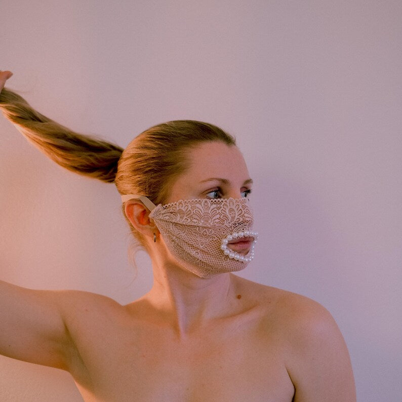 Beige lace mask with beads - Sexy Eyes mask 163