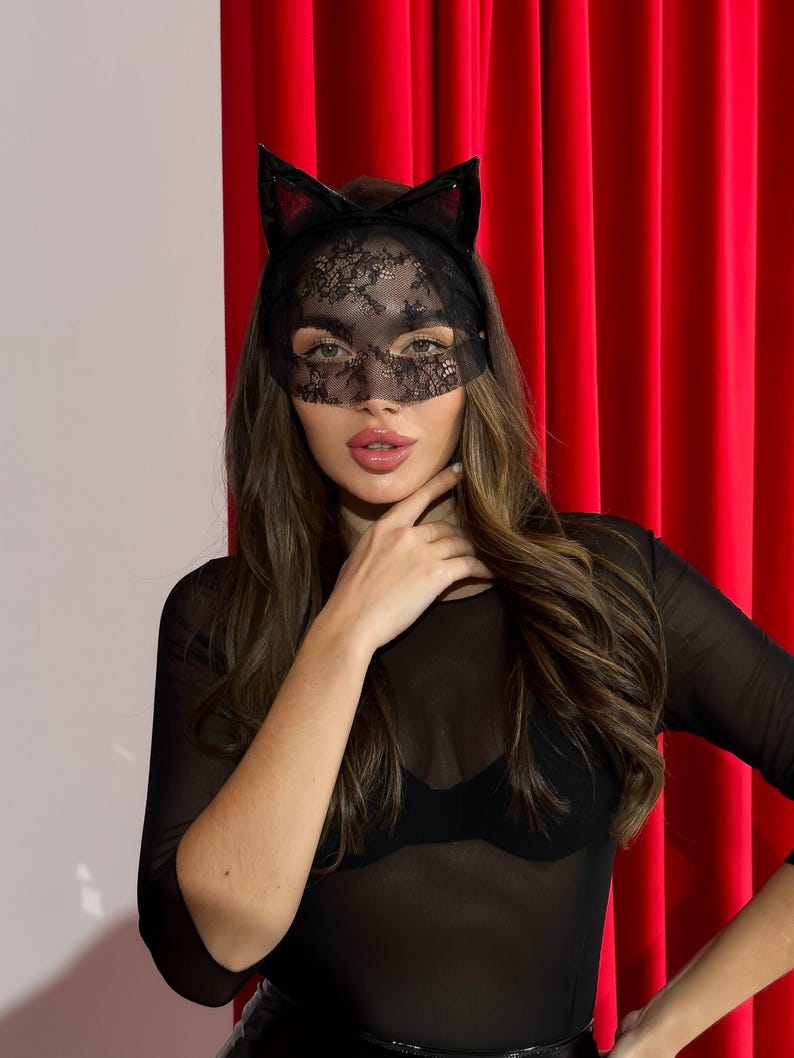 Black Lace Cat Mask with Ears