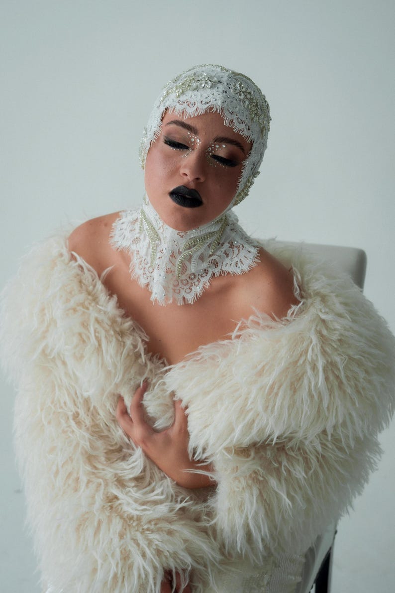Lace & Pearl Beaded Headpiece: Avant Garde Couture Head Wrap 141