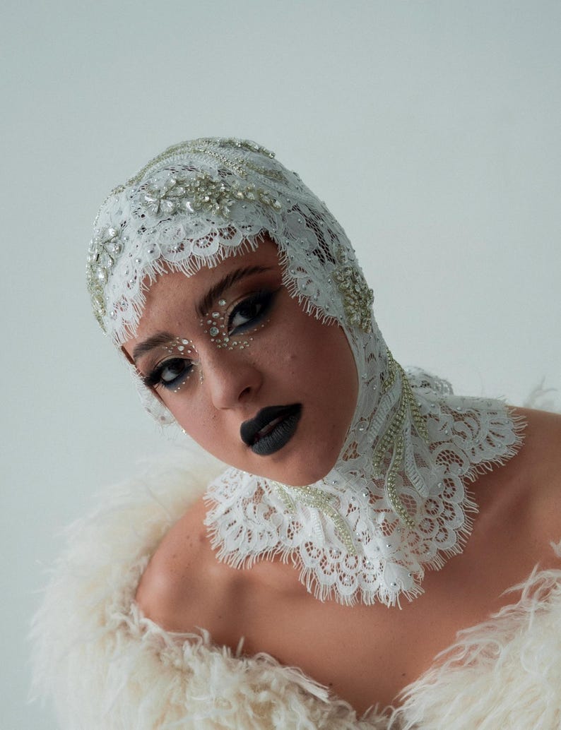Lace & Pearl Beaded Headpiece: Avant Garde Couture Head Wrap 141