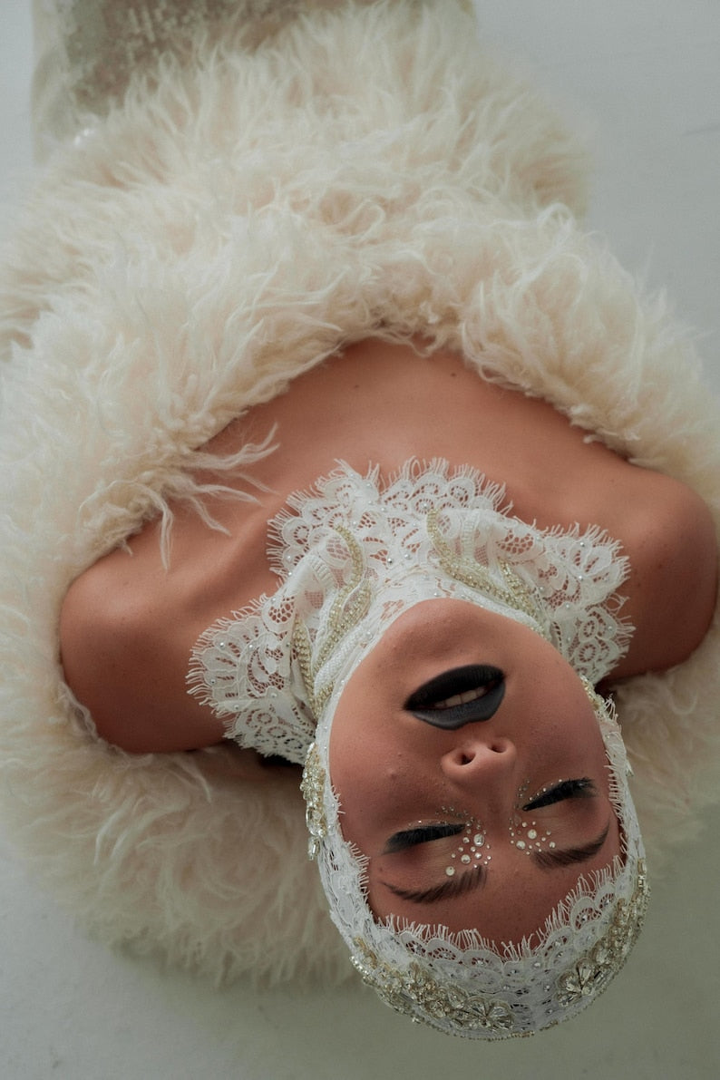 Lace & Pearl Beaded Headpiece: Avant Garde Couture Head Wrap 141