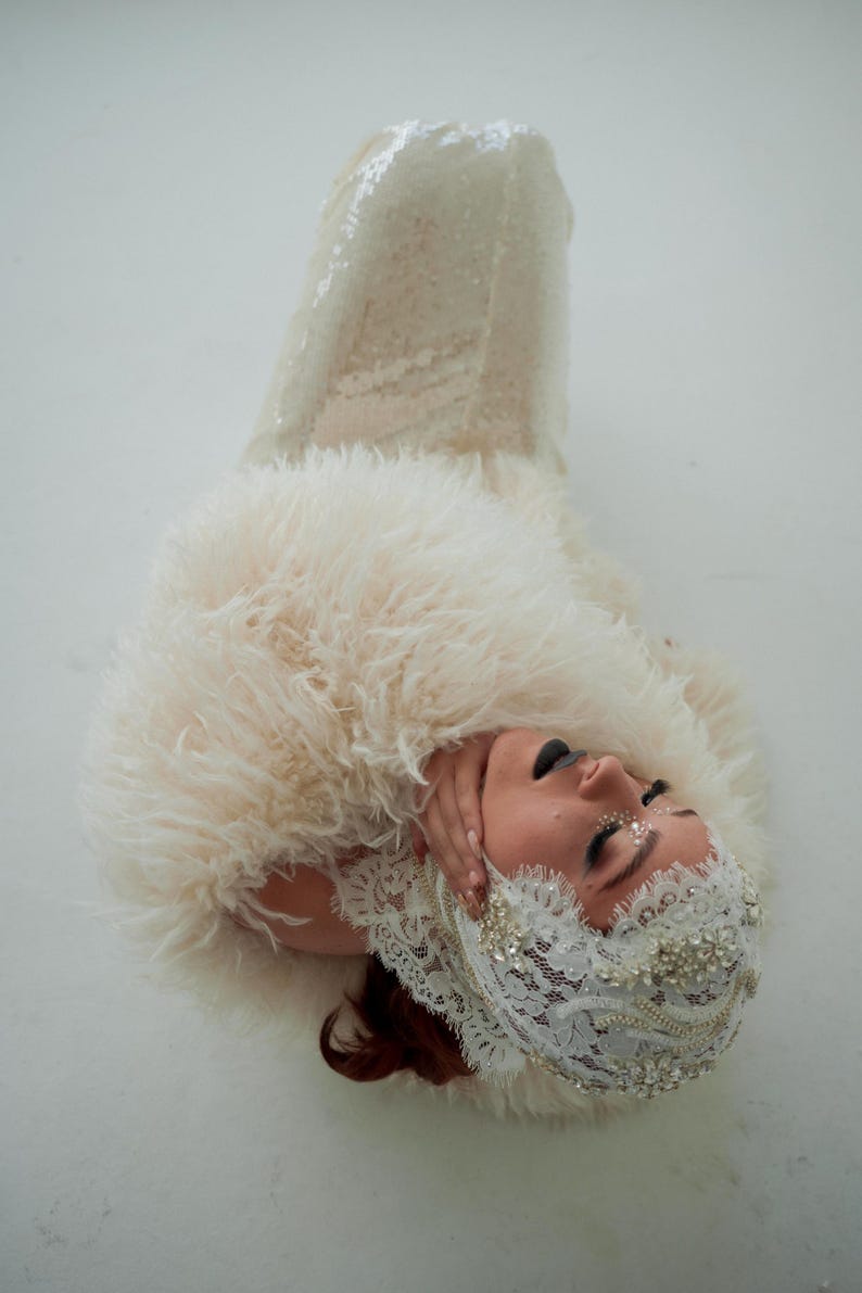 Lace & Pearl Beaded Headpiece: Avant Garde Couture Head Wrap 141