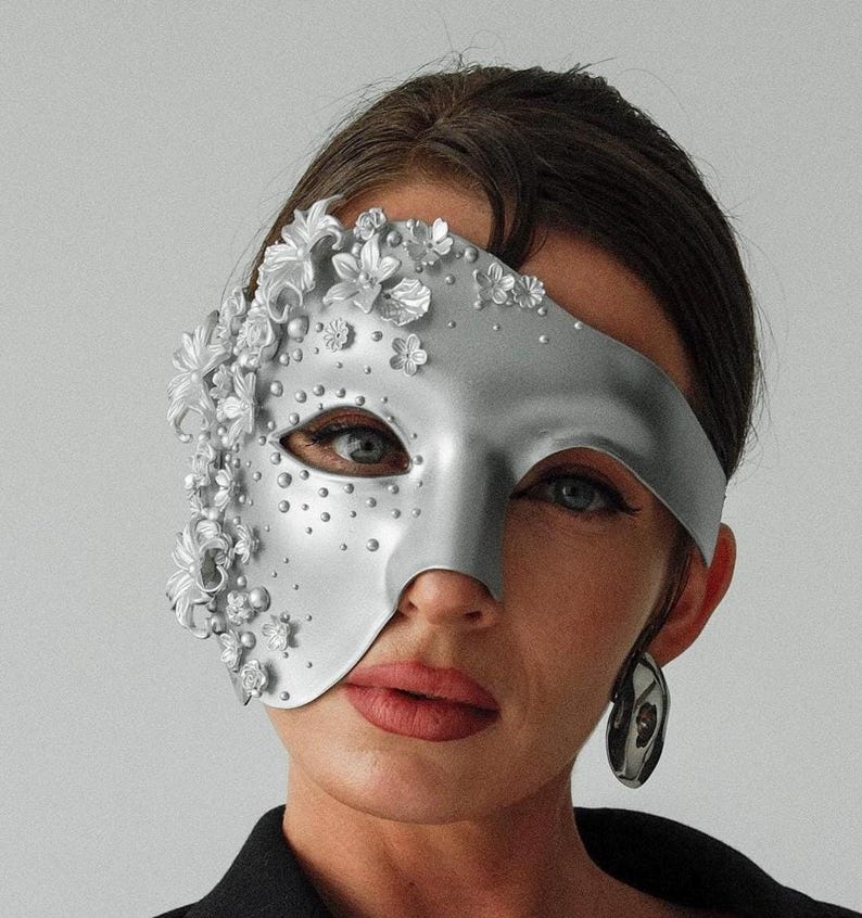 Silver Masquerade Mask: Couture Floral Pearl Fantasy Costume 142