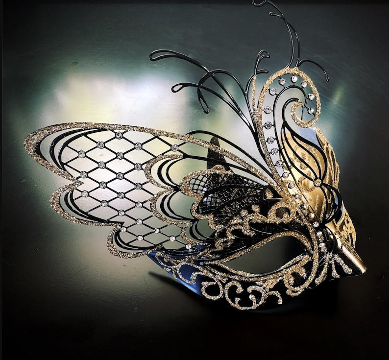 Black Gold Butterfly Couples Masquerade Mask Set