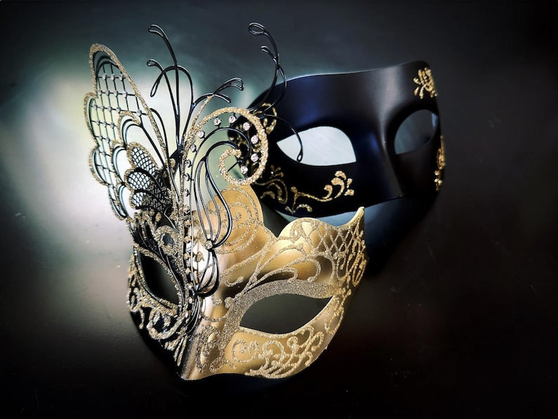 Black Gold Butterfly Couples Masquerade Mask Set