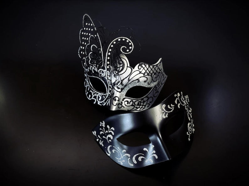 Black Gold Butterfly Couples Masquerade Mask Set