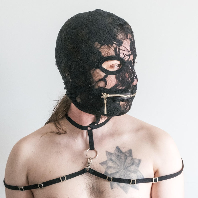 Black lace mask with zipper at the mouth that exposes the eyes 153
