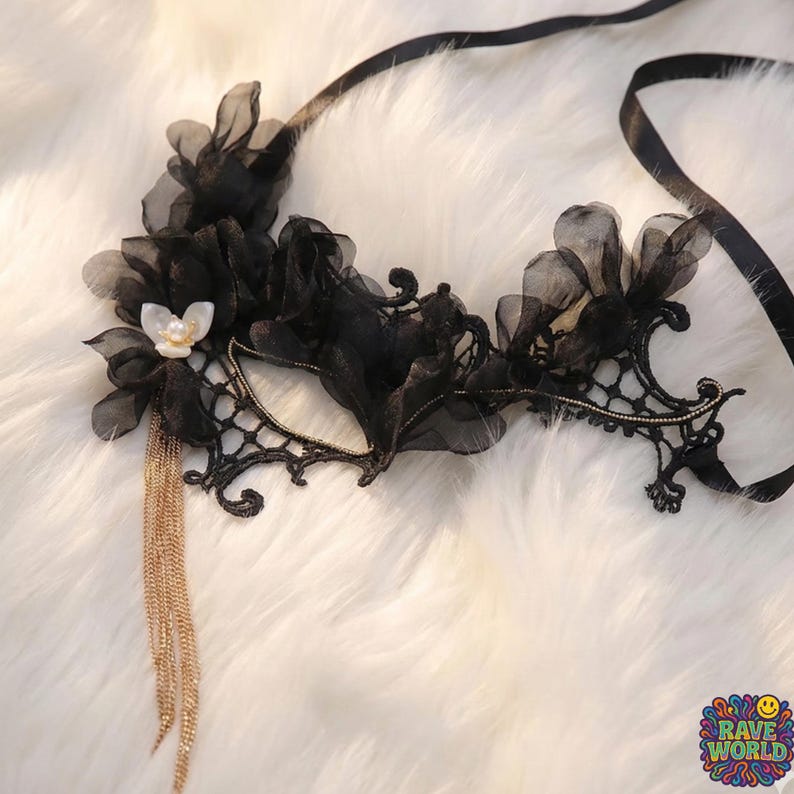 Black Lace Masquerade Mask with Gold Tassels 172