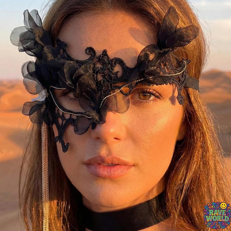 Black Lace Masquerade Mask with Gold Tassels 172