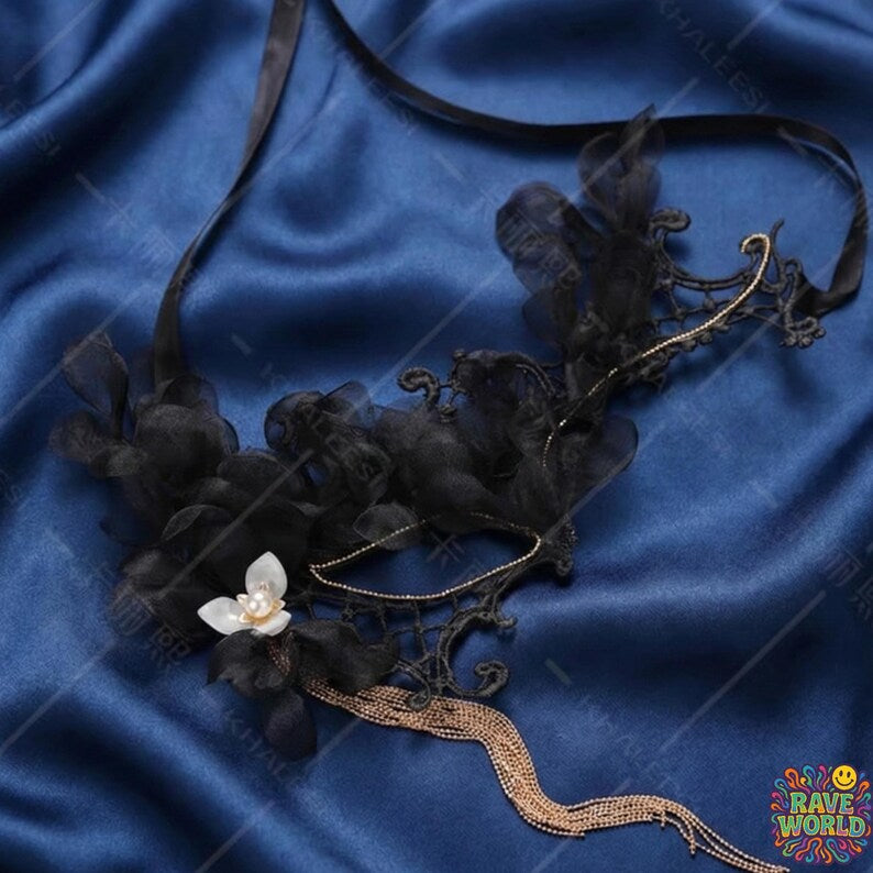 Black Lace Masquerade Mask with Gold Tassels 172