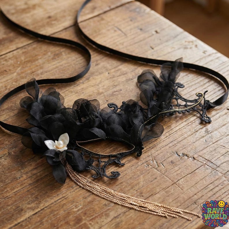 Black Lace Masquerade Mask with Gold Tassels 172